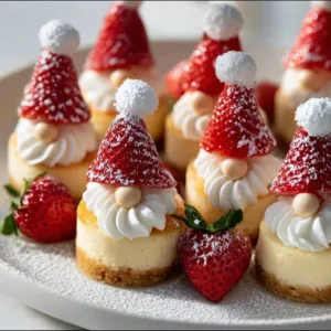 Gnome Mini Cheesecakes topped with gnome decorations for festive desserts