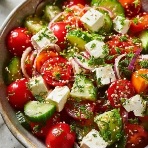 Fresh Greek Cucumber Tomato Feta Salad with vibrant vegetables and feta cheese