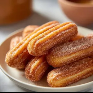 Healthy baked churro bites with cinnamon sugar topping on a plate.