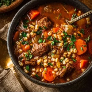 Bowl of hearty beef barley soup, a cozy family classic meal.