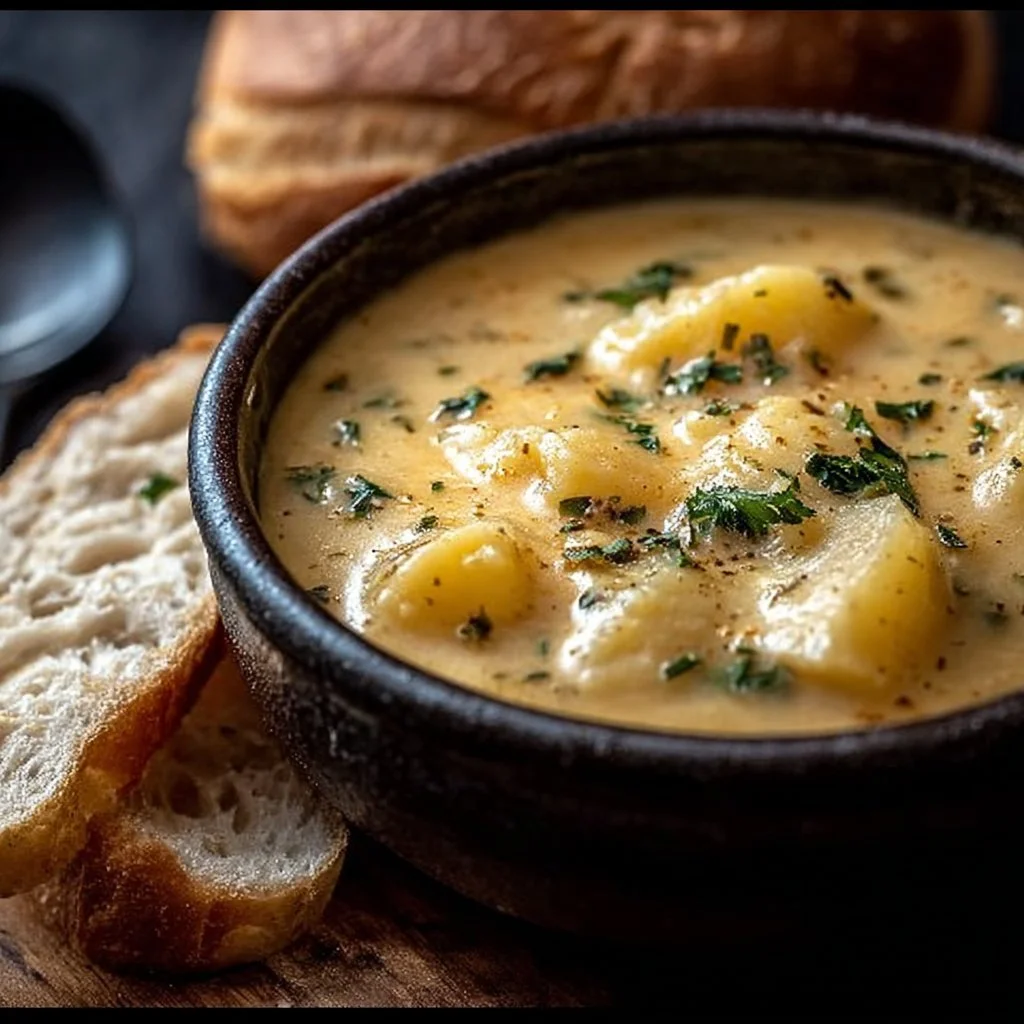 Bowl of hearty cheddar garlic herb potato soup with herbs and toppings.
