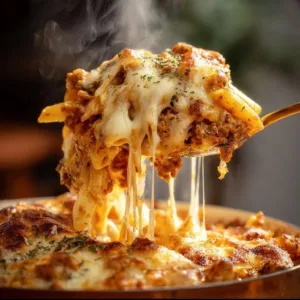High protein cottage cheese baked ziti dish served in a baking dish.