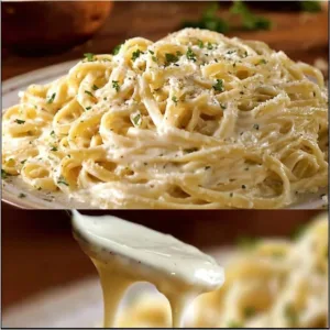 Bowl of creamy homemade Alfredo sauce with fresh herbs and garlic.