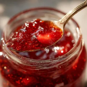 Jar of homemade jam made from fresh fruits on a wooden table.