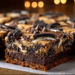 Indulgent slutty brownies topped with chocolate chips and cookie dough