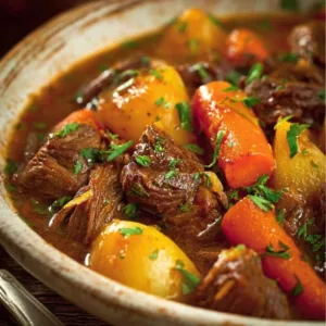 Delicious Irish Beef Stew prepared with tender meat and fresh vegetables.