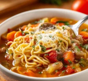 Bowls of Italian Ramen Soup showcasing noodles, broth, and fresh ingredients