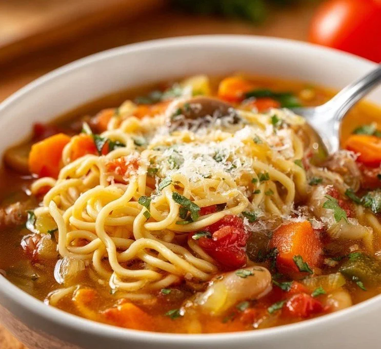 Bowls of Italian Ramen Soup showcasing noodles, broth, and fresh ingredients