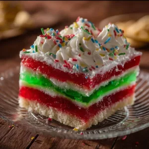 Delicious Jello Poke Cake topped with colorful jello and whipped cream