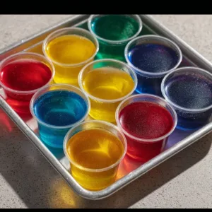 Colorful jello shots in clear plastic cups on a wooden table