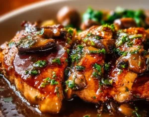Juicy chicken breast with a luscious Madeira sauce served on a plate