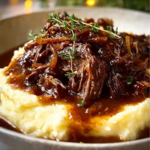 Juicy French Onion Pot Roast served with herbs and caramelized onions