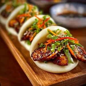 Korean Chicken Bao Buns filled with marinated chicken and served in fluffy buns