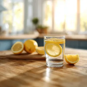 Glass of lemon infused water with fresh lemon slices and mint leaves