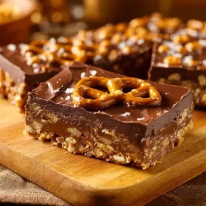 Delicious Lunch Lady Pretzel Bars served on a plate with a drizzle of caramel