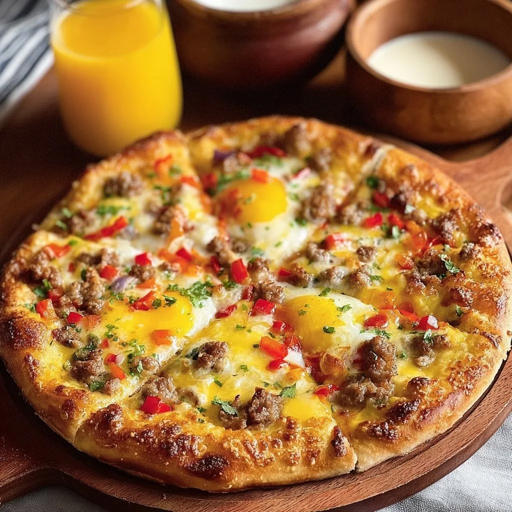 Mouthwatering breakfast pizza topped with eggs and sausage for a delicious meal.