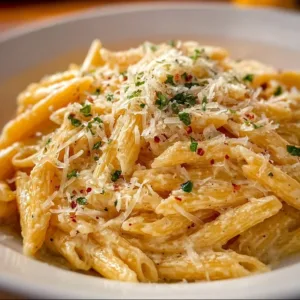 Delicious one pot creamy garlic pasta garnished with parsley and parmesan cheese.