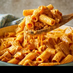 Creamy sausage rigatoni in a bowl topped with fresh herbs