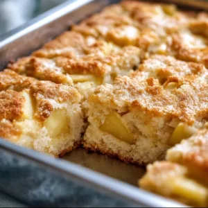 Slice of Parisian apple cake topped with powdered sugar and fresh apples