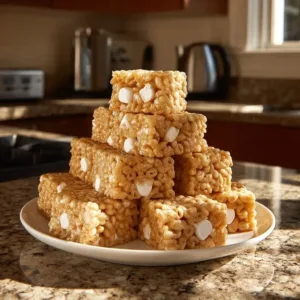 Delicious Peanut Butter Marshmallow Squares on a white plate