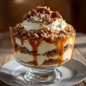 Delicious pecan pie cheesecake trifle layered with creamy cheesecake and crunchy pecans