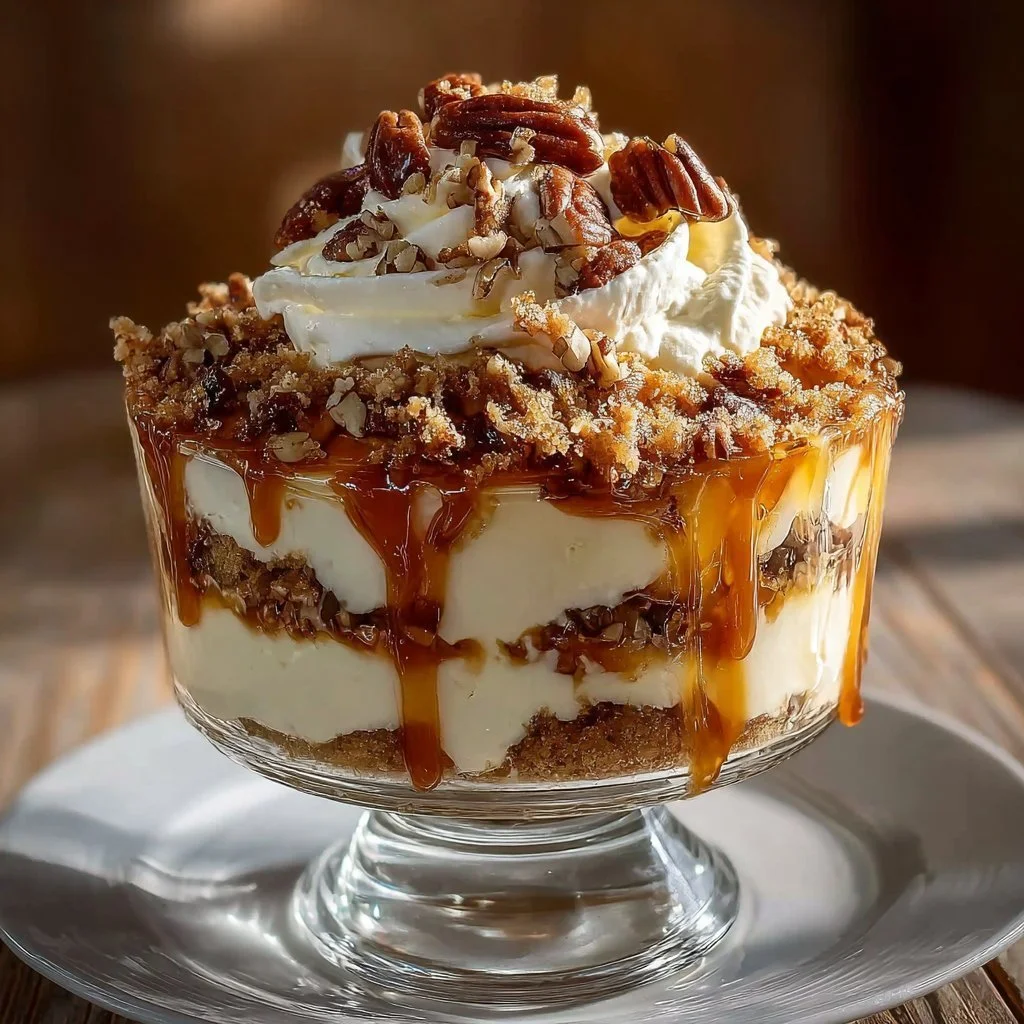 Delicious pecan pie cheesecake trifle layered with creamy cheesecake and crunchy pecans