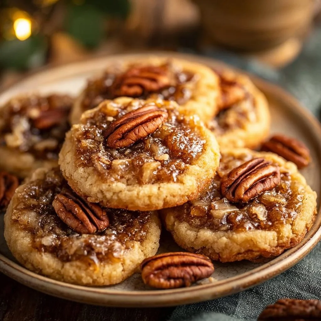 Delicious pecan pie cookies arranged on a plate, showcasing their rich, nutty flavor.