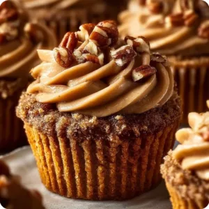 Pecan pie cupcakes topped with brown sugar frosting on a wooden table