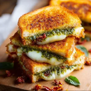 Pesto grilled cheese sandwich with melted cheese and fresh pesto on grilled bread