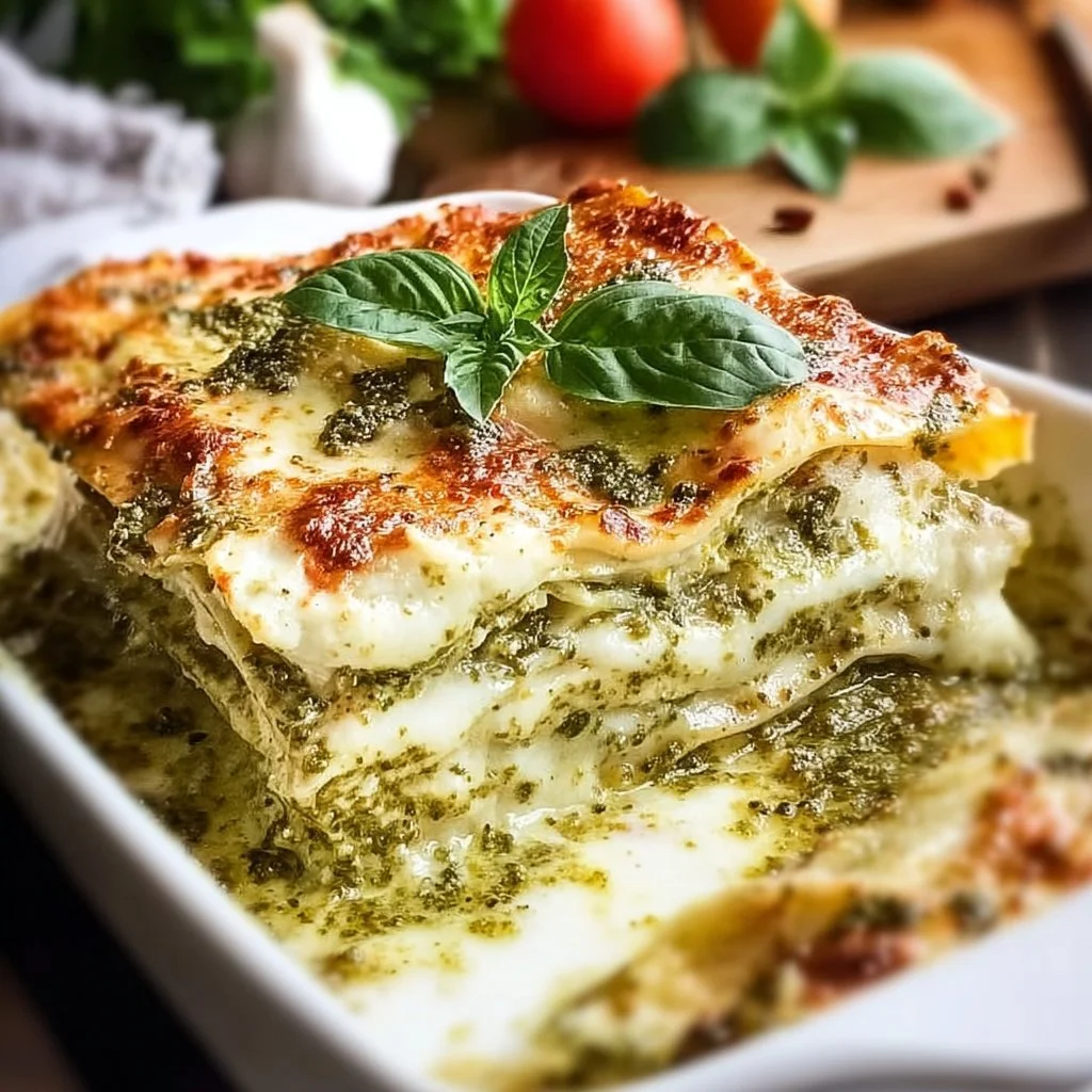 Delicious pesto lasagna with layers of cheese and fresh basil