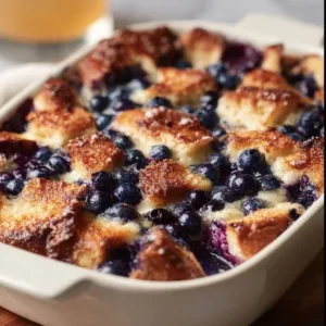 Quick Blueberry French Toast Casserole baked with fresh blueberries and bread.