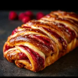 Freshly baked Raspberry Swirl Brioche loaf with rich raspberry filling