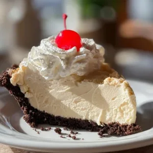 A slice of Root Beer Float Pie garnished with whipped cream and root beer.