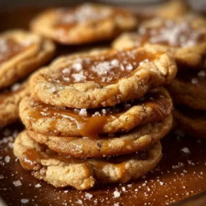 Freshly baked salted caramel cookies on a cooling rack