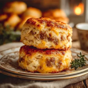 Sausage, cheese, and butter swim biscuits on a plate, ready to enjoy.