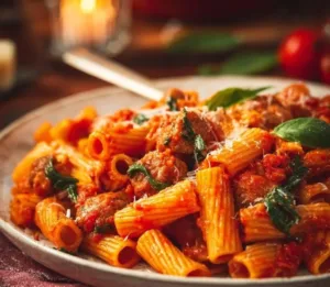 Plate of sausage spinach tomato pasta served with fresh herbs