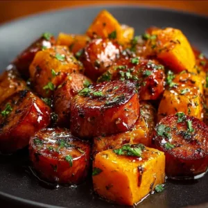 Sausage and sweet potatoes dish with honey garlic sauce on a plate