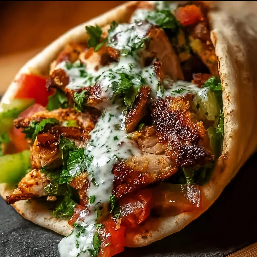 Savory chicken shawarma served with zesty garlic sauce and fresh toppings
