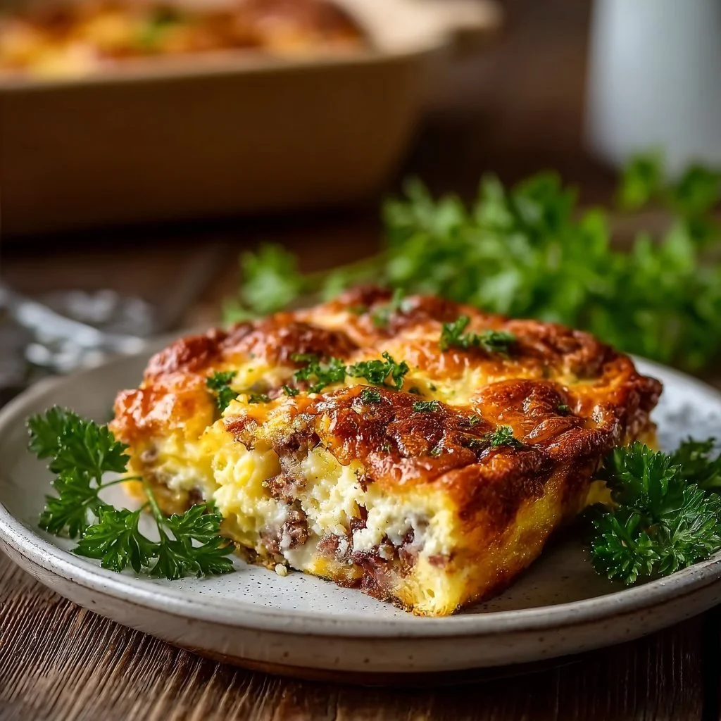 Savory overnight breakfast casserole with eggs, cheese, and vegetables