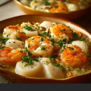 Delicious seafood casserole with haddock, scallops, and shrimp in creamy Swiss cheese sauce