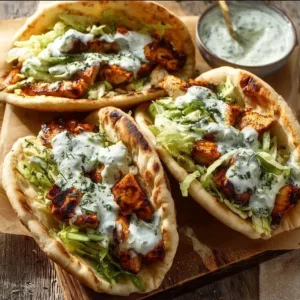 Sheet pan chicken pitas with herby ranch served on a vibrant plate.