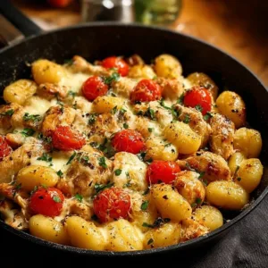 Skillet Chicken with Gnocchi served on a plate garnished with herbs