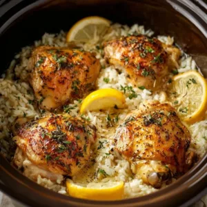 Slow Cooker Lemon Herb Chicken served with Fluffy Rice