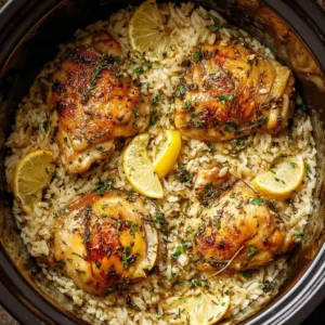 Slow cooker lemon herb chicken served over fluffy rice