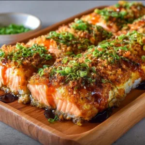 Baked spicy salmon sushi dish served in a casserole dish with garnishes