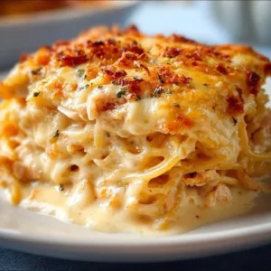 Spicy Southern cheesy chicken spaghetti casserole topped with cheese and herbs