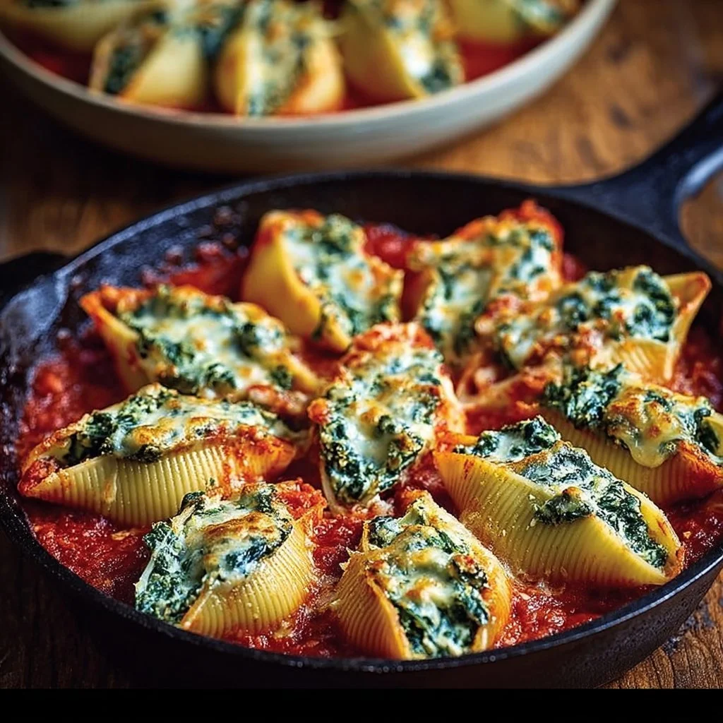 Delicious Spinach and Ricotta Stuffed Shells plated with marinara sauce