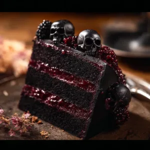 Spooky Black Velvet Halloween Cake with eerie decorations and dark icing.
