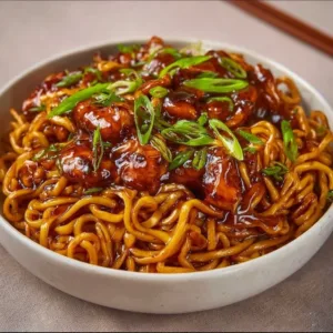 Plate of Sticky Garlic Chicken Noodles garnished with green onions