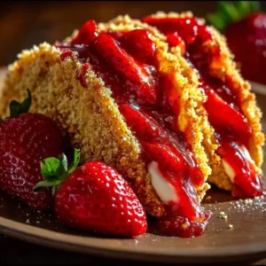 Strawberry Crunch Cheesecake Tacos with vibrant strawberries and creamy filling.
